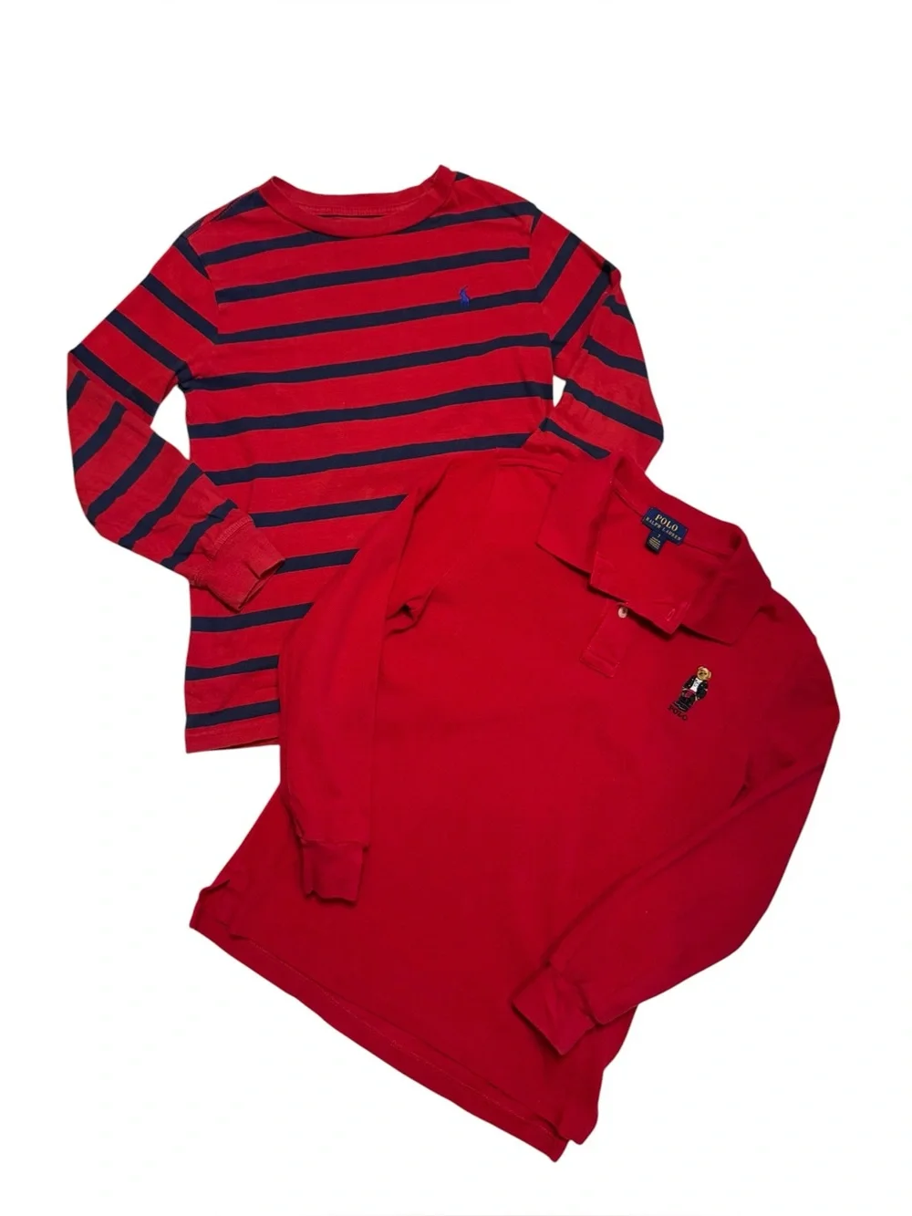 LOT OF 2-Ralph Lauren Bear Long Sleeve Polo Shirt Red Blue Striped Crewneck Sz 7